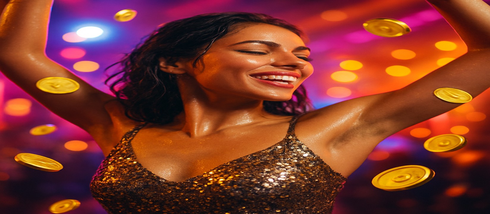 একজন নারী অ্যাভিয়েটর গেম জয় উদযাপন করছেন; চারদিকে সোনার কয়েন উড়ে ছড়াচ্ছে, winbid