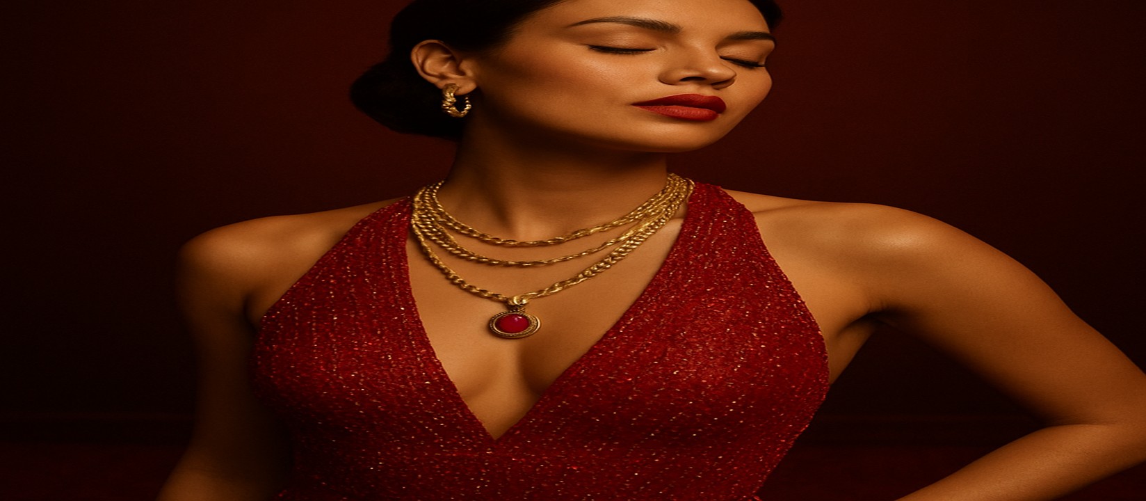 গেমিং প্ল্যাটফর্ম টেবিলে winbid-এ একটি আড়ম্বরপূর্ণ লাল পোশাক পরিহিত নারী ডিলার